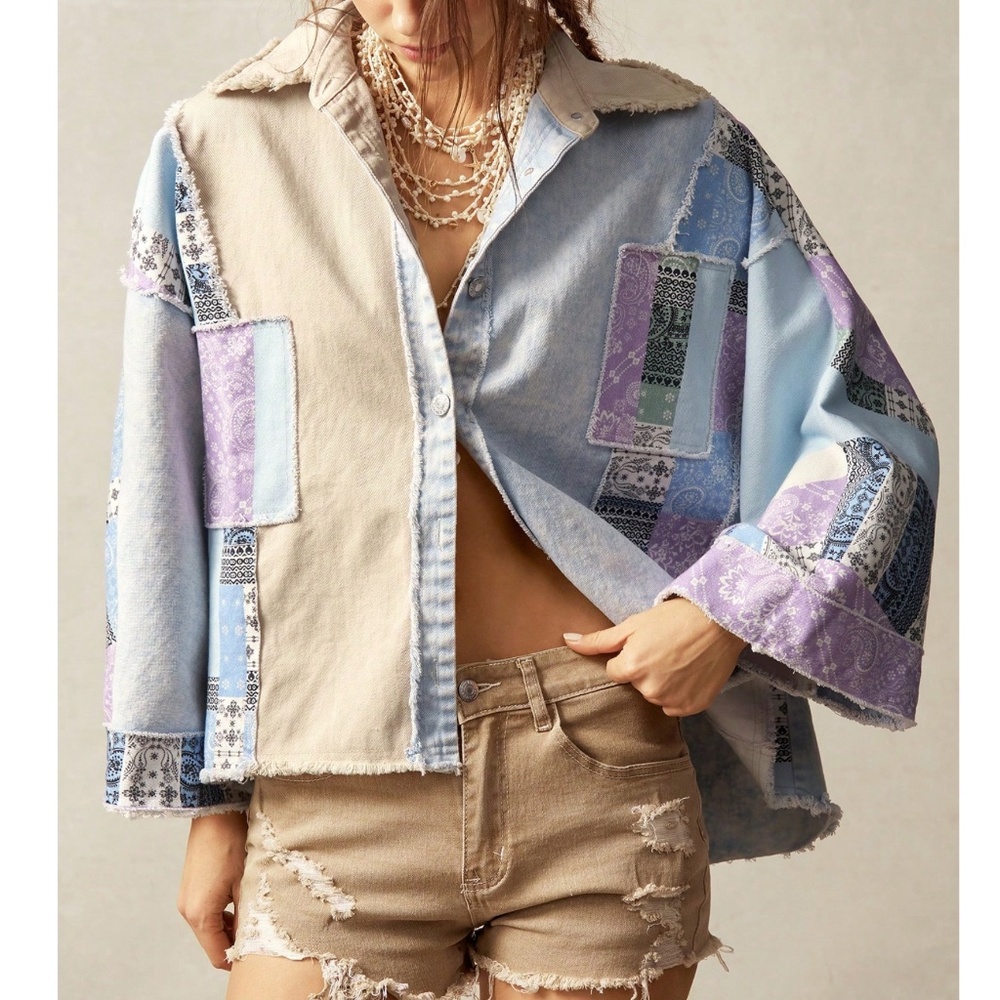 Boho Colorful patchwork Frayed Detail Oversized Top - Picture 4 of 7